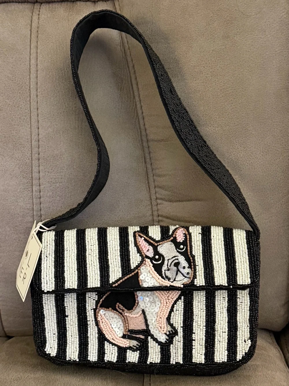 Beaded Black & White Stripe Shoulder Bag with French Bulldog Motif